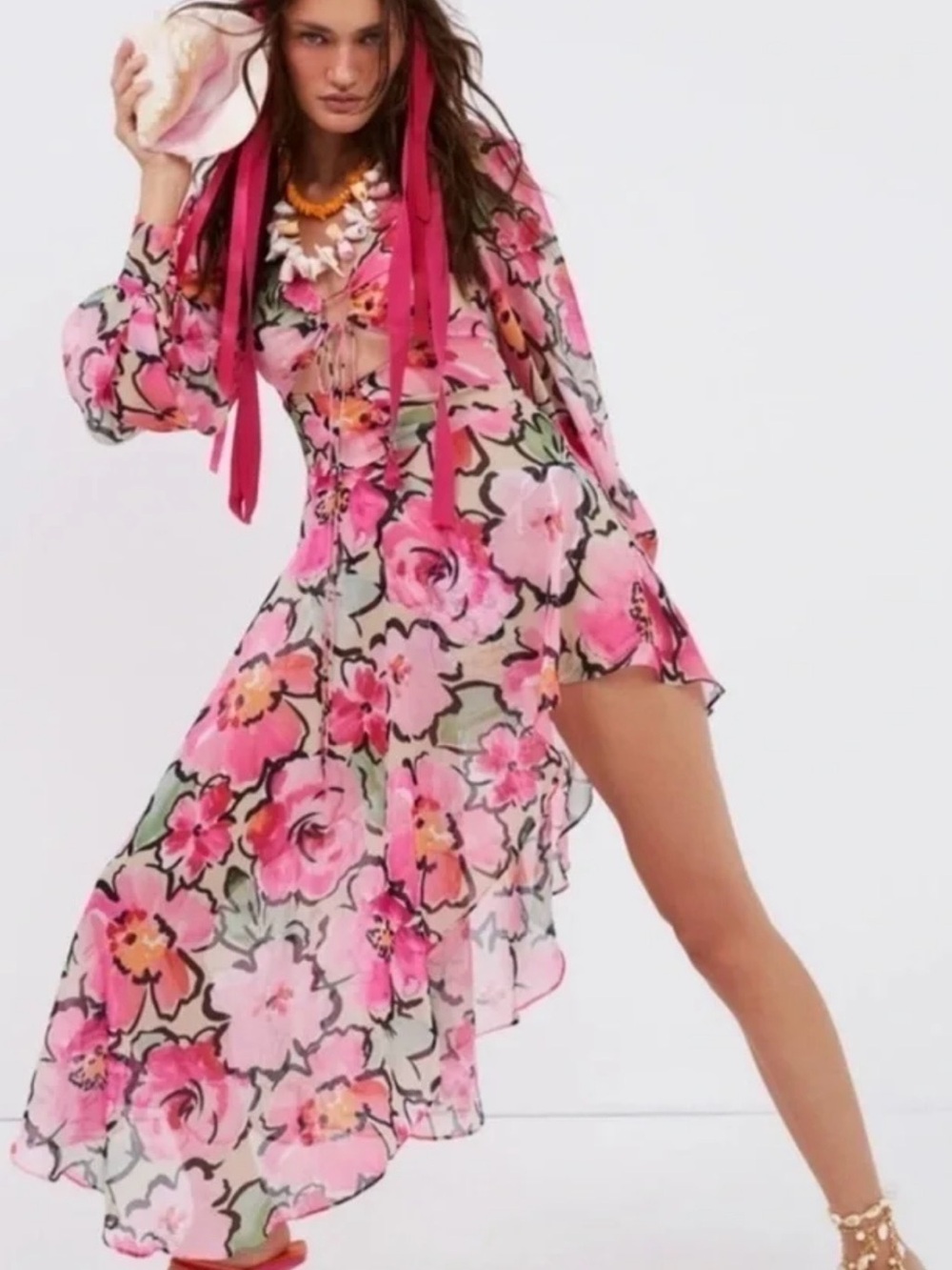 For Love & Lemons Pink Floral Tiana Midi Dress